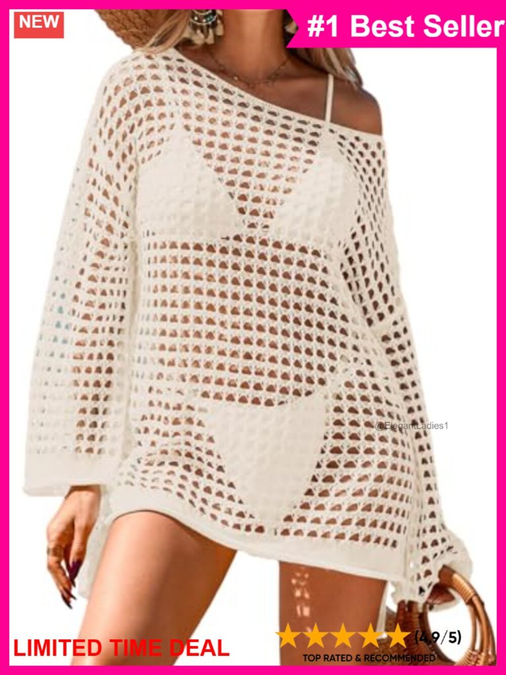 Crochet Mesh Knit Swimsuit Cover Up Mini Dress Oversized Long Sleeve